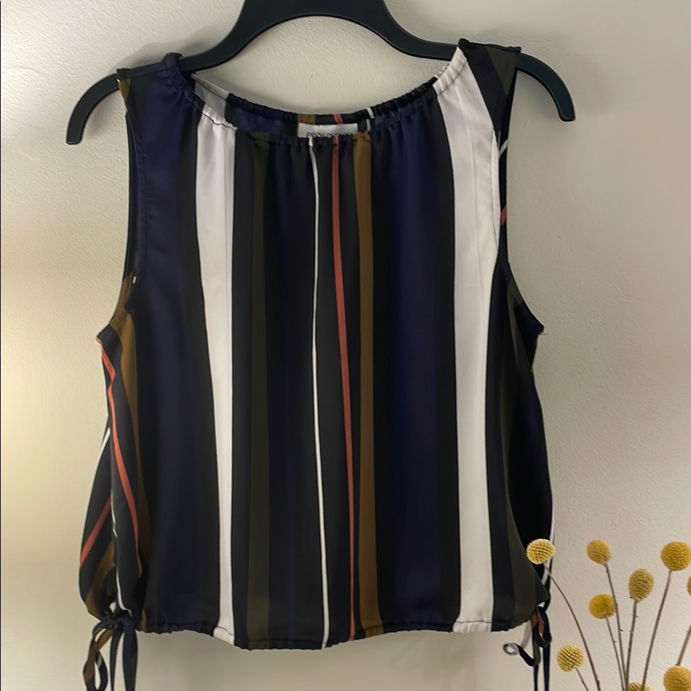 Prologue Blue and White Sleeveless Tie Front Blouse